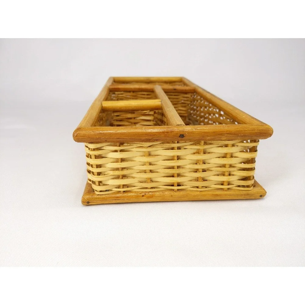 vtg Rattan Utility Tray Tan Woven Wicker 3-Compartment Organizer Desk Bedroom